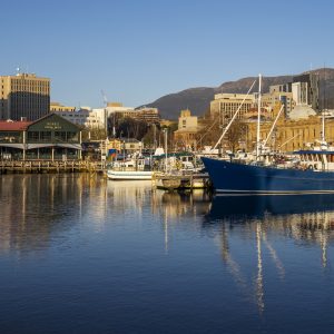 Boats moored around Victoria Dock in Hobart, Tasmania, Australia at sunrise, with Mount Wellington in the background.