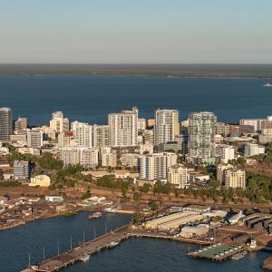Aerial of Darwin city from Fishermans Wharf area
